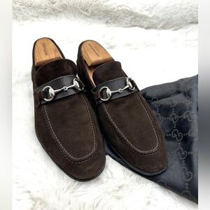 Gucci Men's Horse-bit accent suede driver brown Loafers 8.5 D